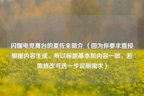 闪耀电竞舞台的夏佐全简介 （因为你要求直接根据内容生成，所以标题基本和内容一致，若需修改可进一步说明需求）