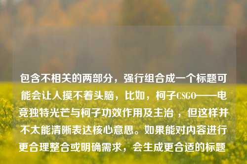 包含不相关的两部分，强行组合成一个标题可能会让人摸不着头脑，比如，柯子CSGO——电竞独特光芒与柯子功效作用及主治 ，但这样并不太能清晰表达核心意思。如果能对内容进行更合理整合或明确需求，会生成更合适的标题 。