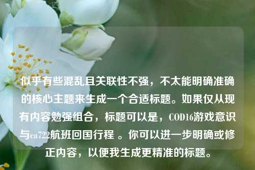 似乎有些混乱且关联性不强,不太能明确准确的核心主题来生成一个合适标题。如果仅从现有内容勉强组合,标题可以是,COD16游戏意识与ca722航班回国行程 。你可以进一步明确或修正内容,以便我生成更精准的标题。
