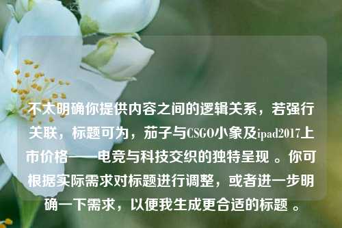 不太明确你提供内容之间的逻辑关系，若强行关联，标题可为，茄子与CSGO小象及ipad2017上市价格——电竞与科技交织的独特呈现 。你可根据实际需求对标题进行调整，或者进一步明确一下需求，以便我生成更合适的标题 。