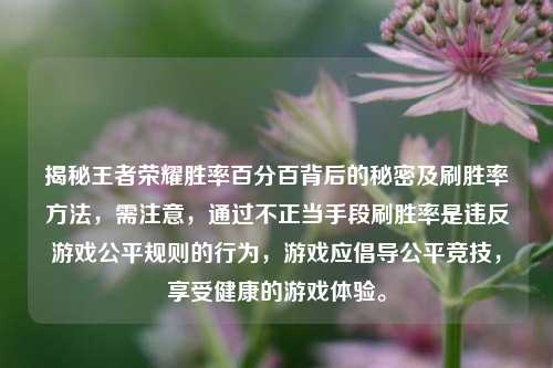 揭秘王者荣耀胜率百分百背后的秘密及刷胜率方法，需注意，通过不正当手段刷胜率是违反游戏公平规则的行为，游戏应倡导公平竞技，享受健康的游戏体验。