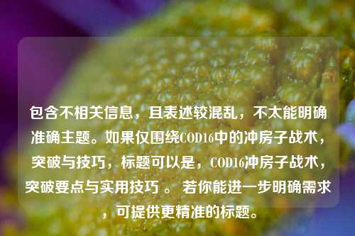 包含不相关信息,且表述较混乱,不太能明确准确主题。如果仅围绕COD16中的冲房子战术,突破与技巧,标题可以是,COD16冲房子战术,突破要点与实用技巧 。 若你能进一步明确需求,可提供更精准的标题。
